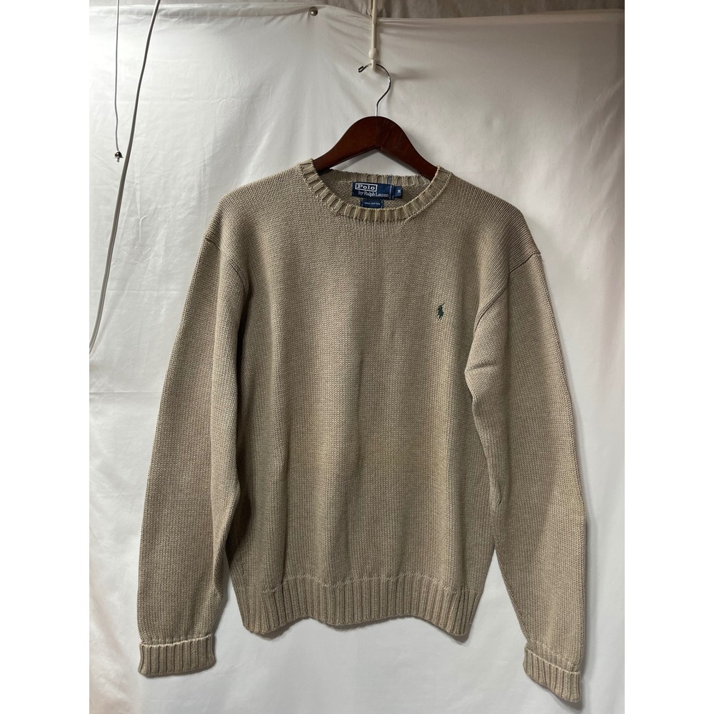 Polo by Ralph Lauren Men's Crewneck Sweater - Beige with Green Pony 100% cotton